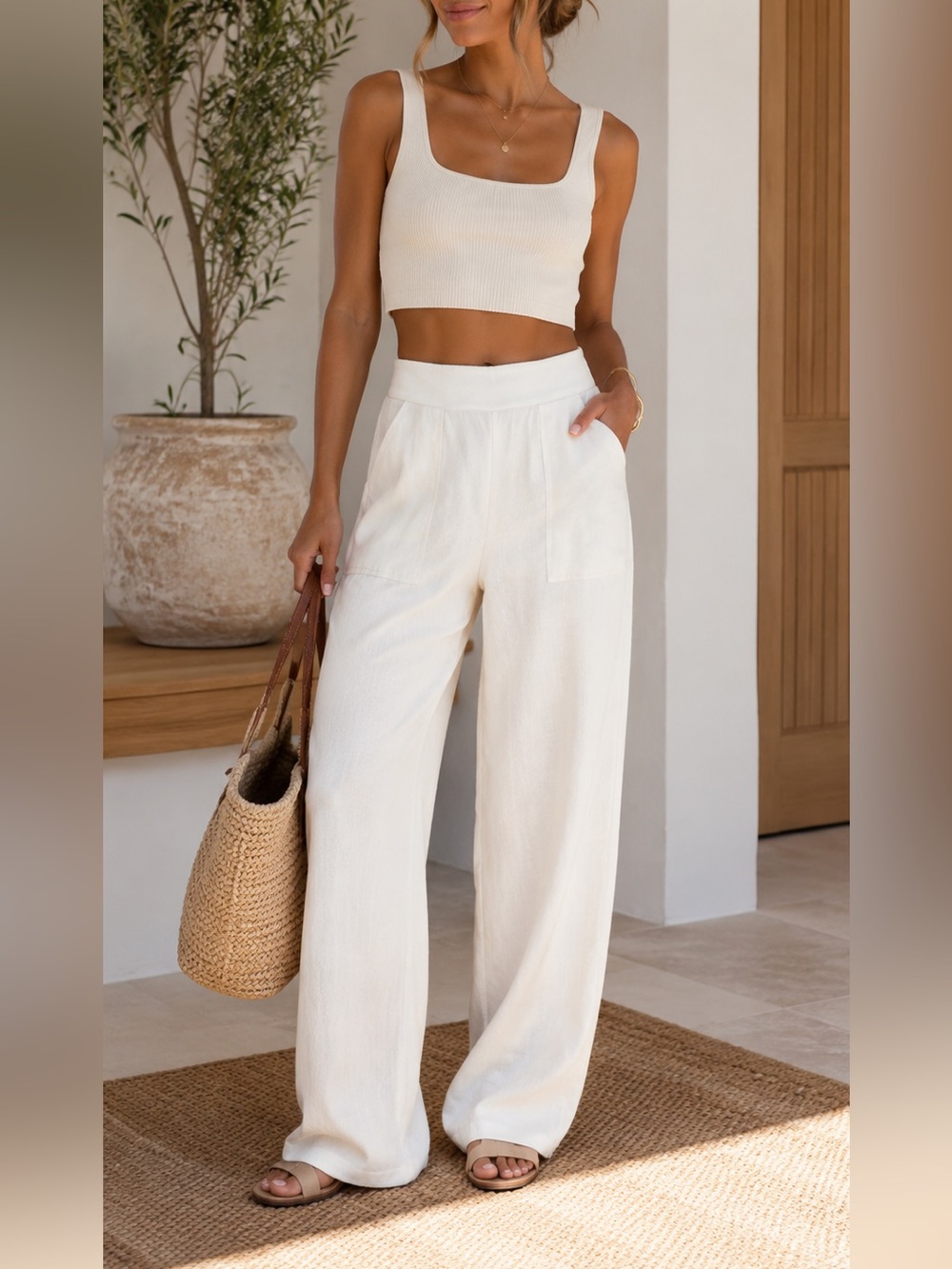 Max Studio London Wide Leg Cream Pants Size Medium Versatile Flattering Style